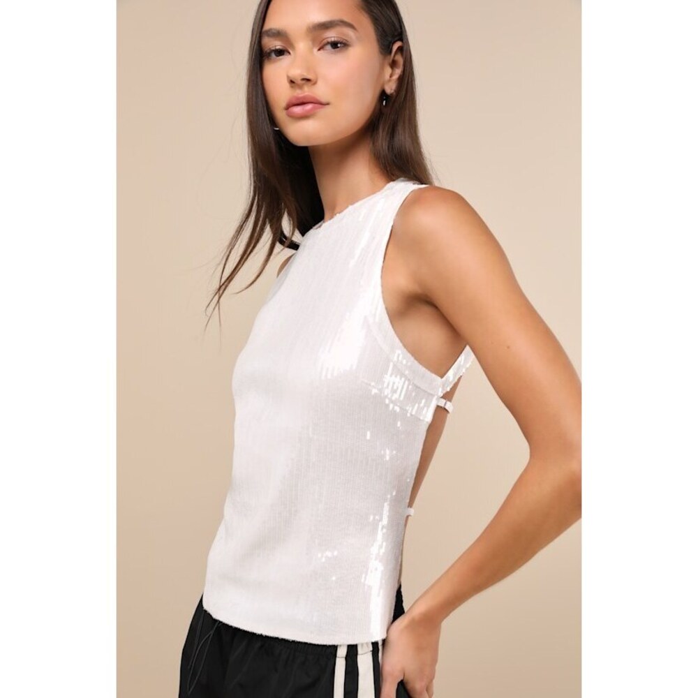 Sultry Sparkler White Sequin Backless Tank Top